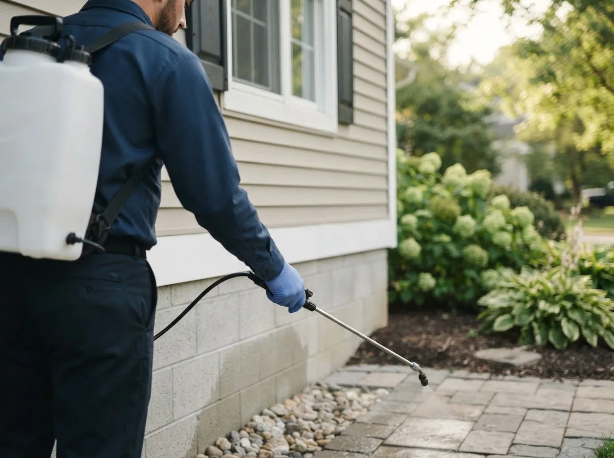 Pest control technician inspecting a home in Minden City, MI